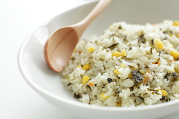 Chinese food, green vegetable and egg fried rice