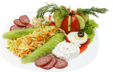 Fresh salad with cocumbers, tomatoes and sausages