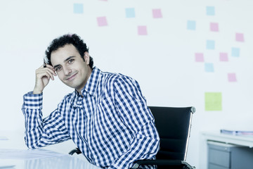 Portrait of young businessman in a checkered shirt at his desk