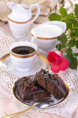 delicious traditional homemade cake with rose and coffe