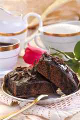 delicious traditional homemade cake with rose and coffe