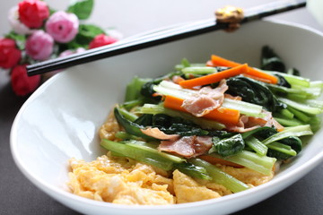 Chinese food, Green leaf vegetable and bacon stir fried