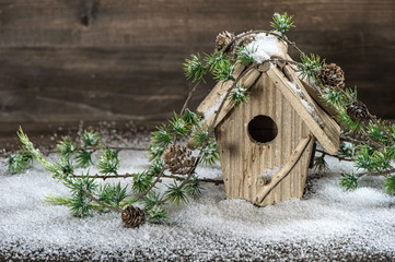 birdhouse and christmas tree brunch decoration