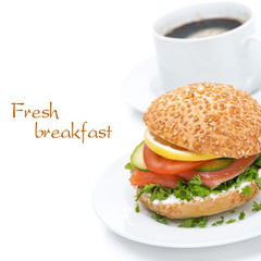 delicious breakfast - burger with smoked salmon, vegetables