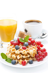 delicious breakfast with waffles and fresh berries, close-up