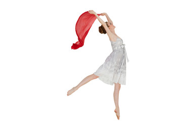 Obraz premium Young beautiful female dancer with red scarf