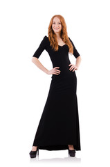 Fototapeta premium Redhead in black dress isolated on white