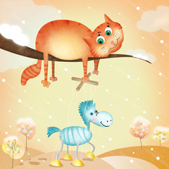 Naklejka premium Cute illustration with cat holding horse as marionette