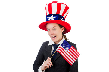 Young woman with american symbols on white