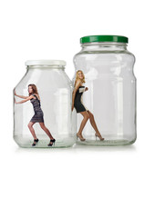 Woman in glass jar isolated on white