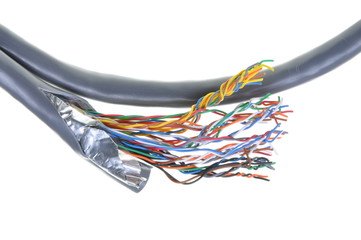 Telecommunication network cable isolated on white background