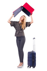 Woman preparing for vacation with suitcase on white