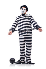 Funny man with facemask mask with shackles on white