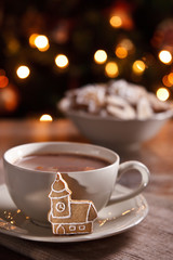 A cup of hot chocolate with gingerbread