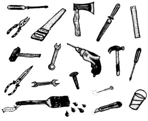 Obraz premium Doodle Hand Work Tool Equipment Icons