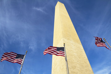 Washington Monument in Washington DC with flapping american flag