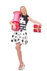 Young woman with christmas shopping on white