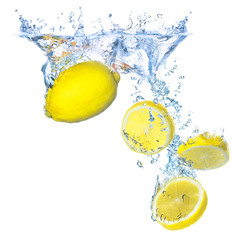 Juicy lemons and water splash. Healthy and tasty food