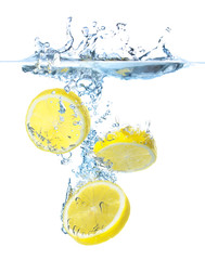 Juicy lemons and water splash. Healthy and tasty food