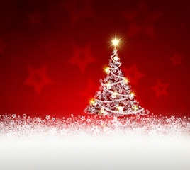 Red christmas background and  fir tree.