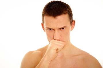 Obraz premium Coughing sick man on a white background.