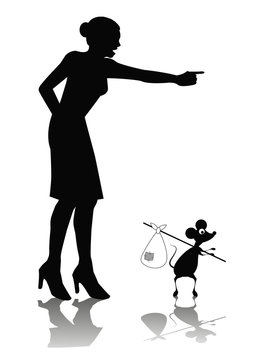 vignetta di silhouette di donna che scaccia un topo