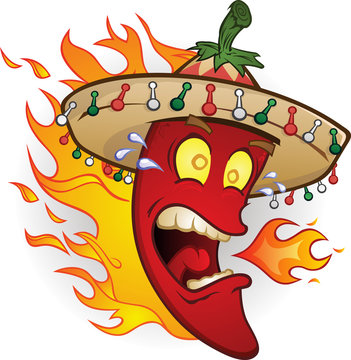 Hot Chili Pepper Cartoon Character Wearing a Sombrero