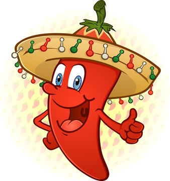 Hot Chili Pepper Wearing Sombrero Thumbs Up Cartoon Character