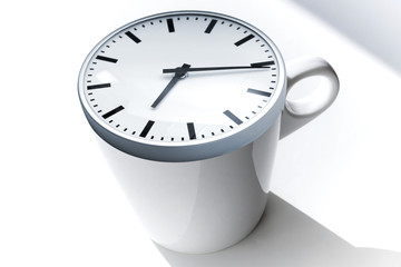 Coffee break metaphor. White ceramic cup with clock