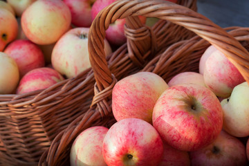 Red and yellow apples lay in the baskets