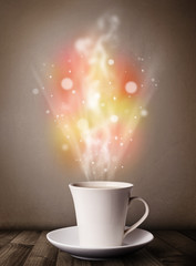 Coffee mug with abstract steam and colorful lights