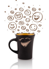Coffee-cup with brown hand drawn happy smiley faces