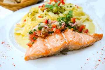 plate of pasta and smoked salmon