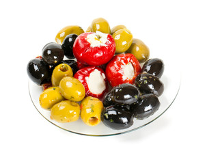 assortment of marinated olives and pepper