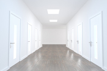 Bright hallway with several doors - obrazy, fototapety, plakaty