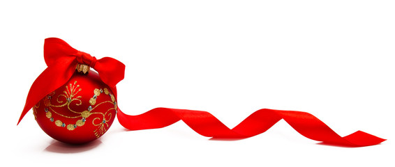 Red christmas ball with ribbon on a white background