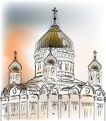 Fototapeta premium orthodox charch colored sketch on white