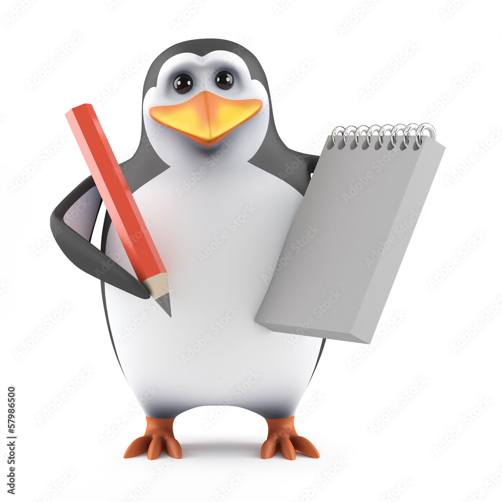 Poster penguin takes notes in his spiral bound notepad