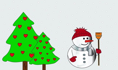 Muñeco de nieve y dos abetos