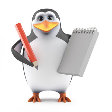 Penguin takes notes in his spiral bound notepad
