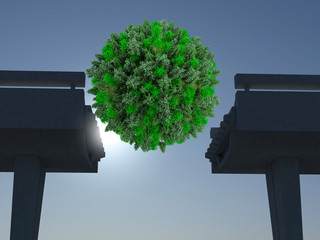 Green ball floating in sky