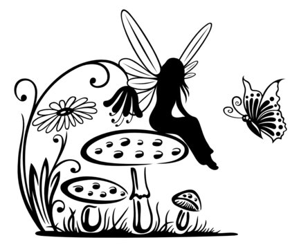 Kleine Fee auf einem Pilz. Wiese mit Blumen, Pilze und Schmetterling. 