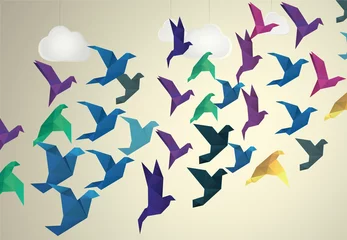 Stickers pour porte Animaux géométriques Origami Oiseaux volant et fond de faux nuages