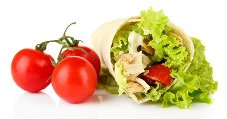 Kebab - grilled meat and vegetables, isolated on white