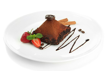 Delicious chocolate cake isolated on white