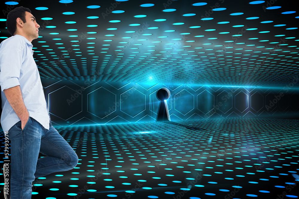 Poster Composite image of unsmiling casual man standing