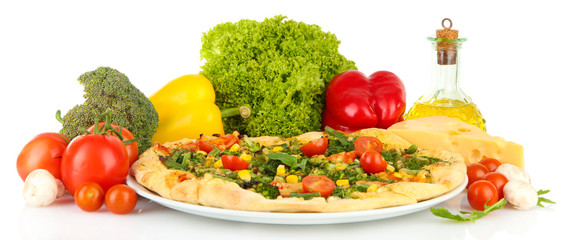Tasty vegetarian pizza and vegetables, isolated on white