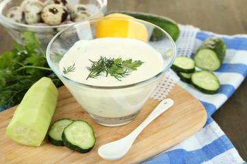 Cucumber yogurt in glass bowl,