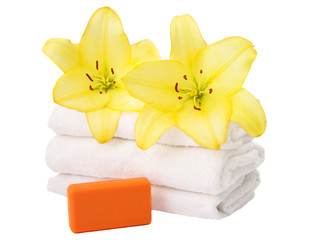 towel with lily flowers isolated