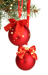 Christmas balls on fir tree, isolated on white